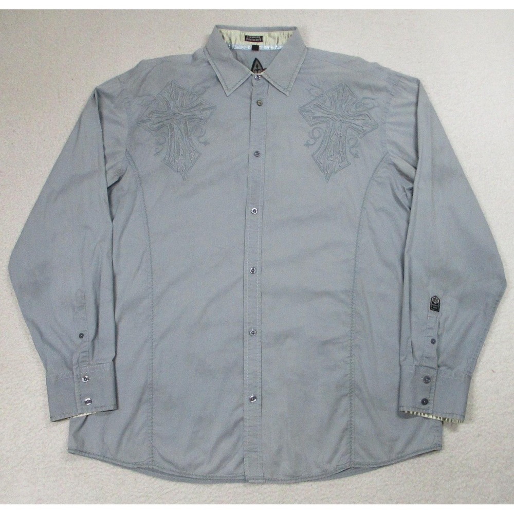Roar Shirt Mens XL Gray Destiny Embroidered Cross Long Sleeve Button Up‎